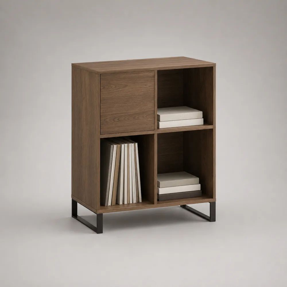 Aufbewahrungsschrank 100 x 40 x 120 cm Nussbaum mit Türen, offenen Fächern und Metallgestell