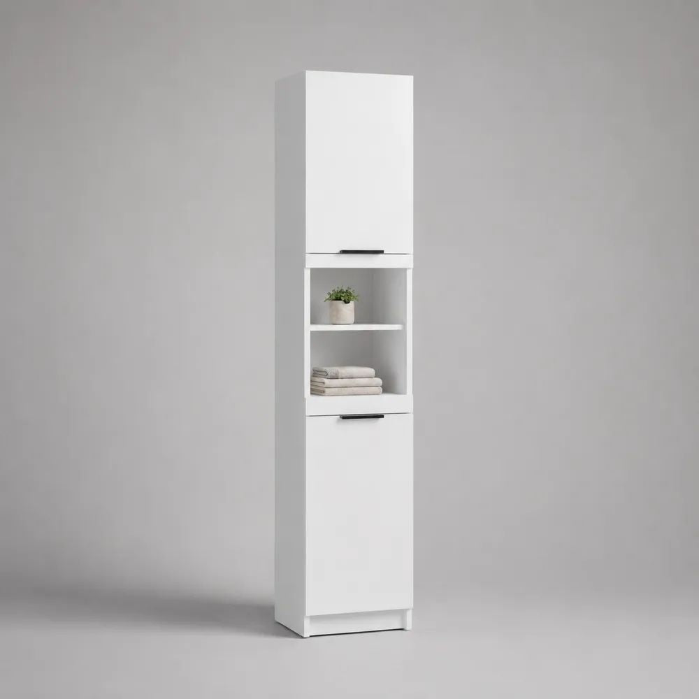 Badezimmerschrank 35 x 30 x 180 cm Weiß Holzwerkstoff mit Türen und offenen Regalfächern