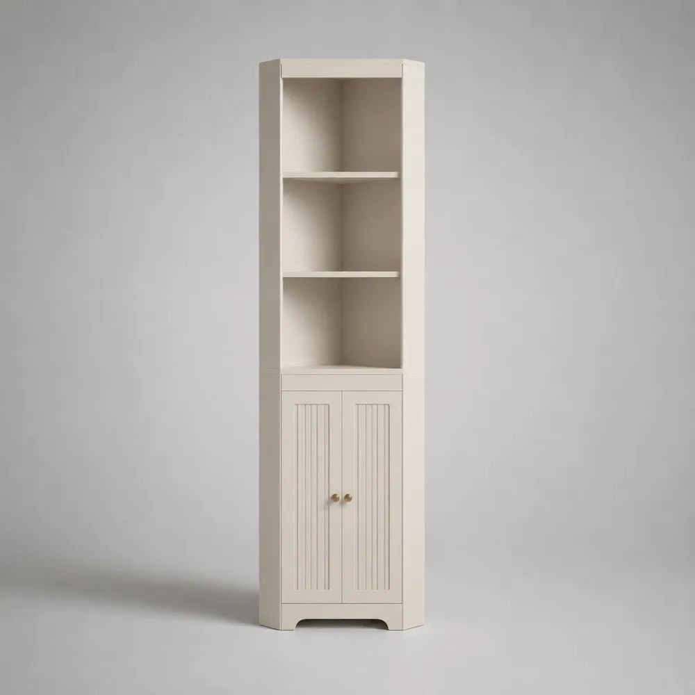 Bad Hochschrank 40 x 35 x 180 cm Creme Weiß mit Türen und offenen Ablagefächern aus MDF