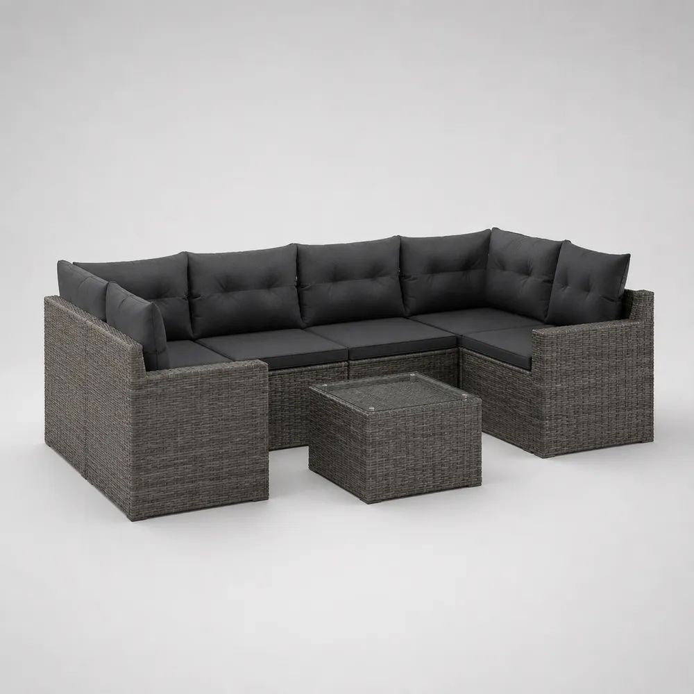 Gartenlounge Set 280 x 220 cm Grau mit PE-Rattanoptik Ecksofa Tisch und Polstern