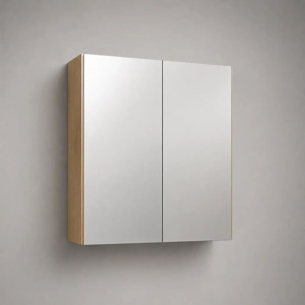 Badezimmerschrank 80 x 35 x 70 cm Weiß/Holzoptik mit 2 Türen zur Wandmontage