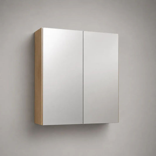 Badezimmerschrank 80 x 35 x 70 cm Weiß/Holzoptik mit 2 Türen zur Wandmontage