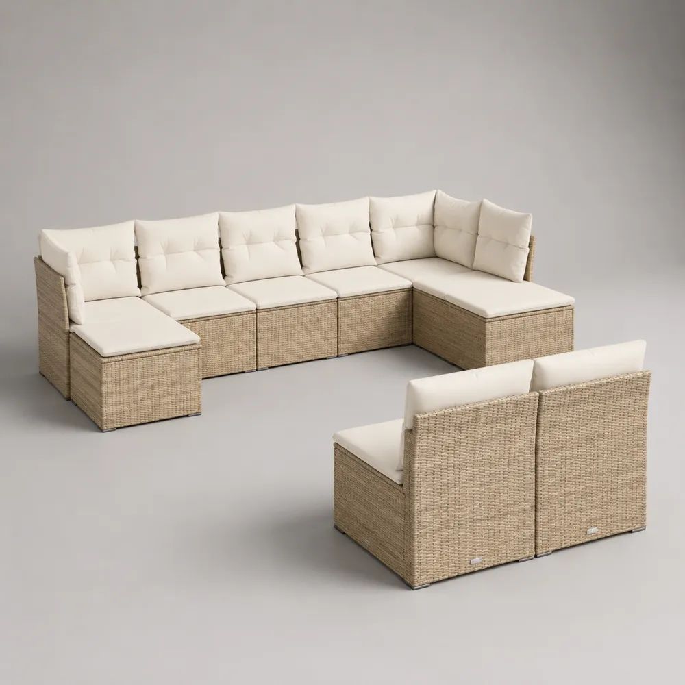 Gartensofa Set 7 Teilig 280 x 280 x 70 cm Beige mit PE-Kunststoffgeflecht und Polstern Ecksofa