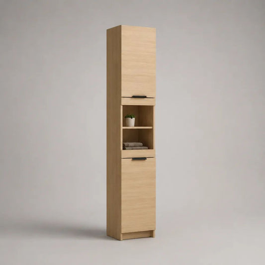 Badezimmerschrank Natur Holzoptik mit zwei Türen und offenem Regal 35 x 30 x 180 cm