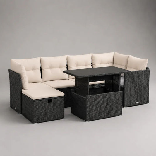 Gartenlounge Set 250 cm Schwarz/Creme mit Rattanoptik Ecksofa Tisch und Polstern