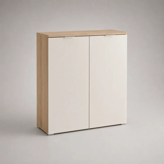 Schuhschrank Weiß mit Eiche Holzoptik und zwei Türen 100 x 35 x 90 cm