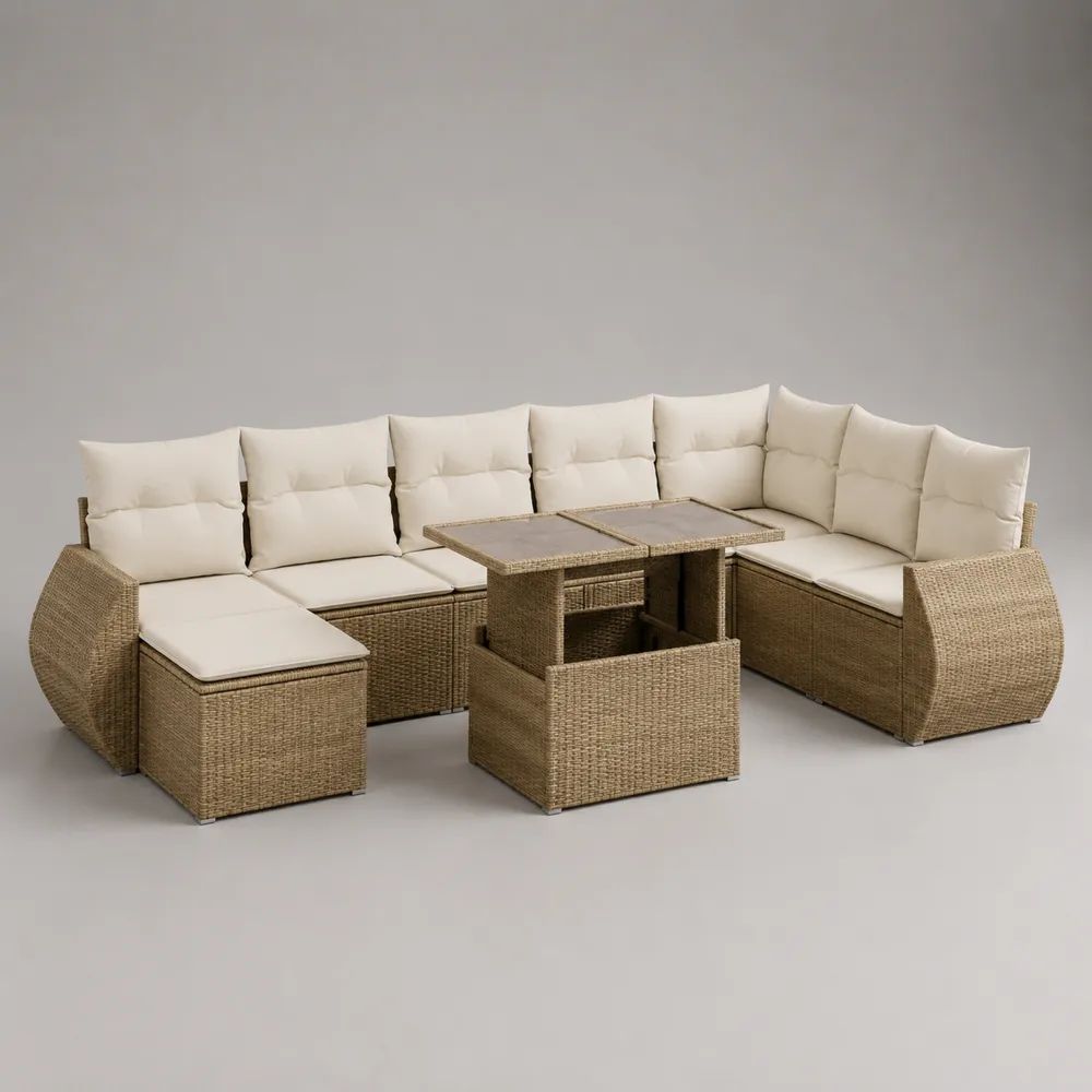 Gartensofa Set 9 Teilig 300 x 300 x 70 cm PE Rattanoptik Beige mit Kissen und Couchtisch