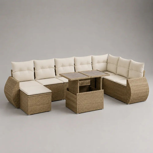 Gartensofa Set 9 Teilig 300 x 300 x 70 cm PE Rattanoptik Beige mit Kissen und Couchtisch