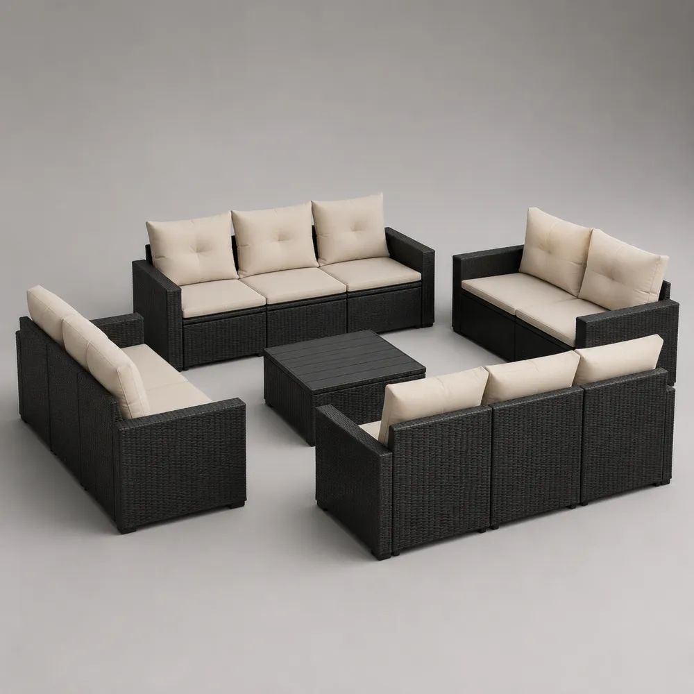 Gartenlounge Set 300 cm Schwarz/Creme mit Rattanoptik Ecksofa Tisch und Polstern