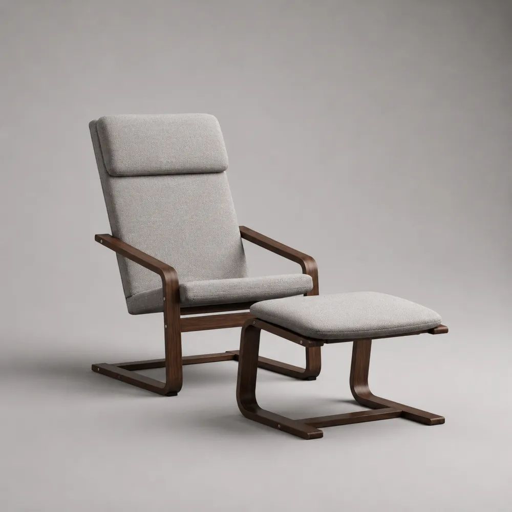 Relaxsessel mit Hocker 75 x 85 x 105 cm Polyester Bezug Grau mit Holzarmlehnen und Fußablage