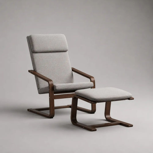 Relaxsessel mit Hocker 75 x 85 x 105 cm Polyester Bezug Grau mit Holzarmlehnen und Fußablage