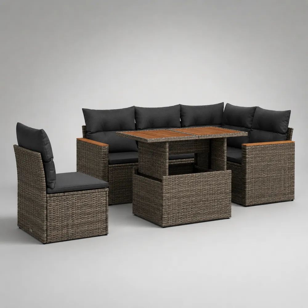 Gartenmöbel Lounge Set 6 Teilig 240 x 240 x 65 cm Polyrattan Sitzgruppe Grau mit Tisch und Kissen