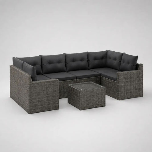 Gartenlounge Set 280 x 220 cm Grau mit PE-Rattanoptik Ecksofa Tisch und Polstern